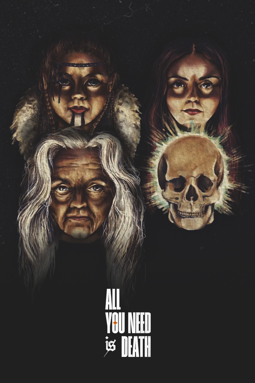 The painted heads of four people, an Iron Age Celtic woman, an old woman, a young woman and a skull.