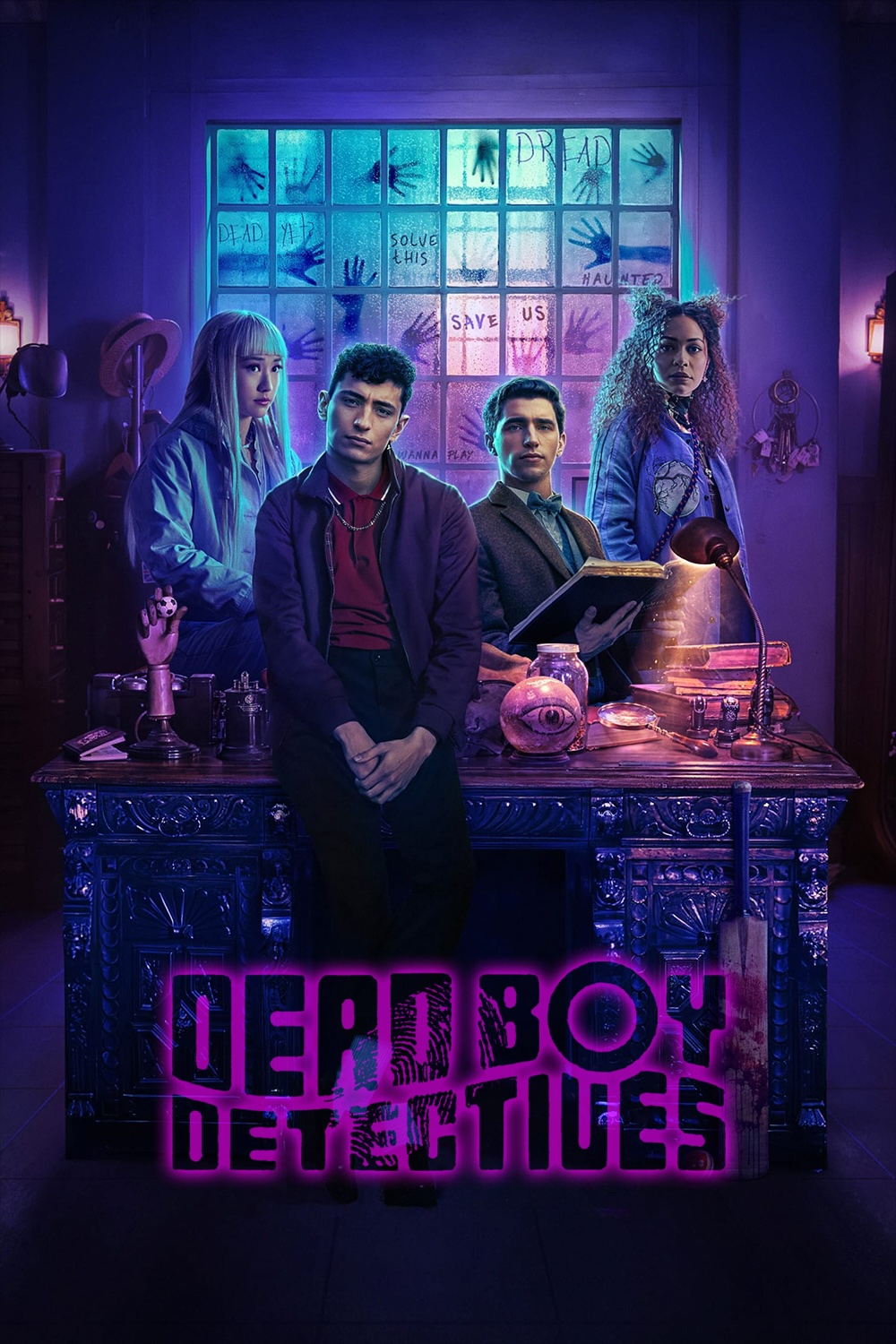 A very purple picture of two young men and two young women sitting around an ornate desk. Behind them is a misty window with lots of diswebodied hands clawing at it.