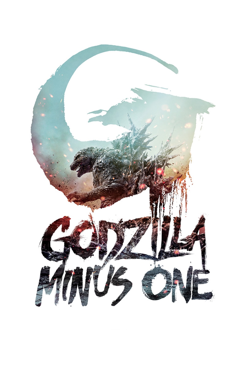 A white background with the huge lizard Godzilla seen through a large letter G