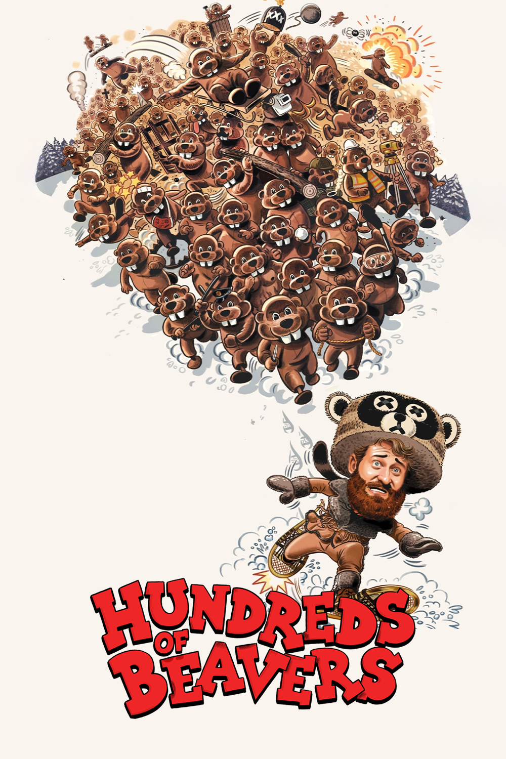 A cartoon man, wearing a beaver skin hat and snow shoes, running across the snow, being chased by hundreds of angry beavers