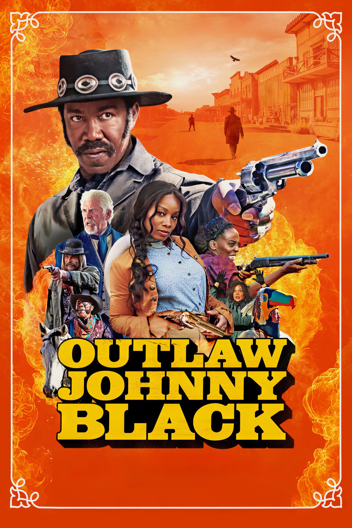 Orange poster for the movie featuring a collage of the cast members looking out, mostly pointing guns