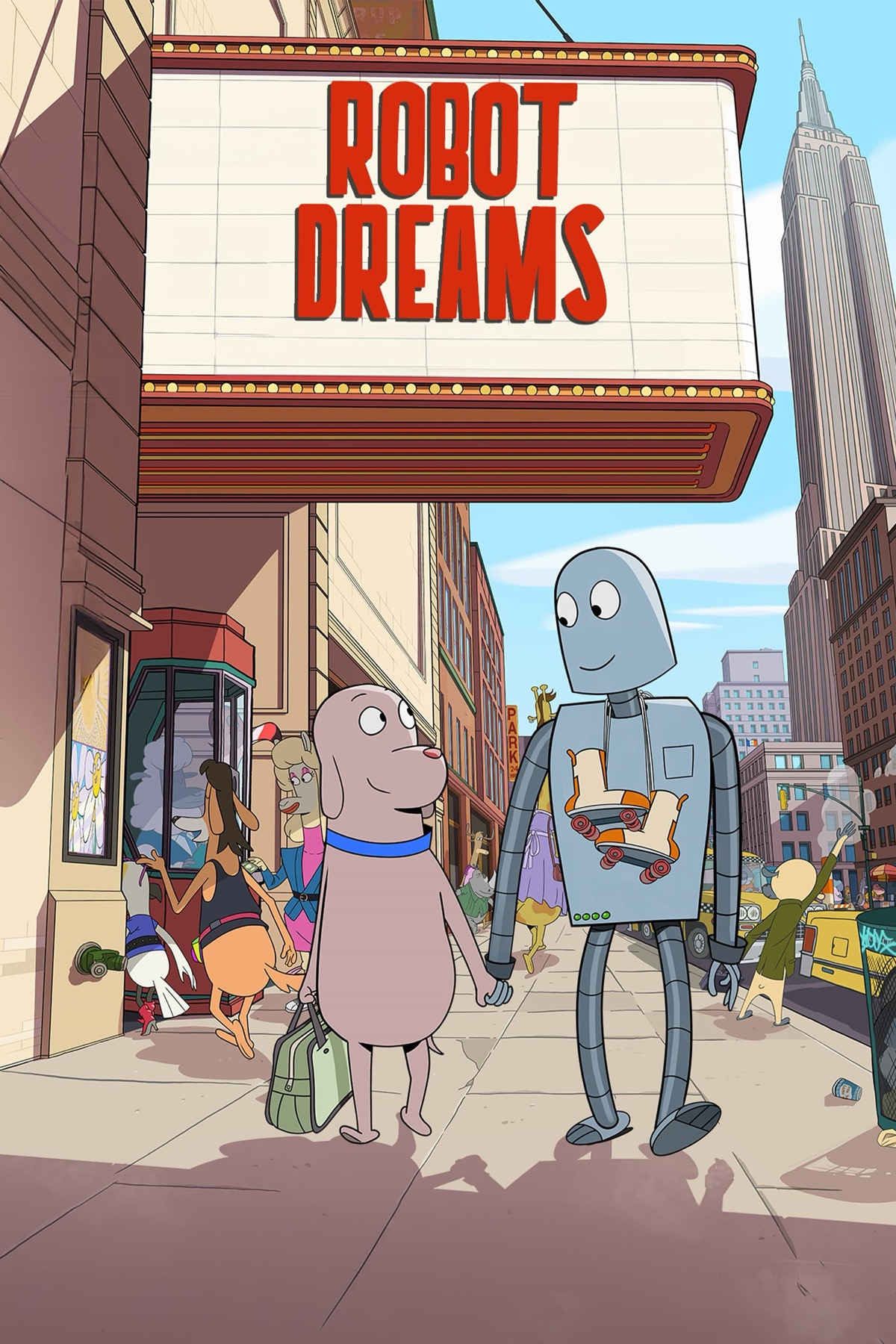 A cartoon dog and robot walking down the street holding hands