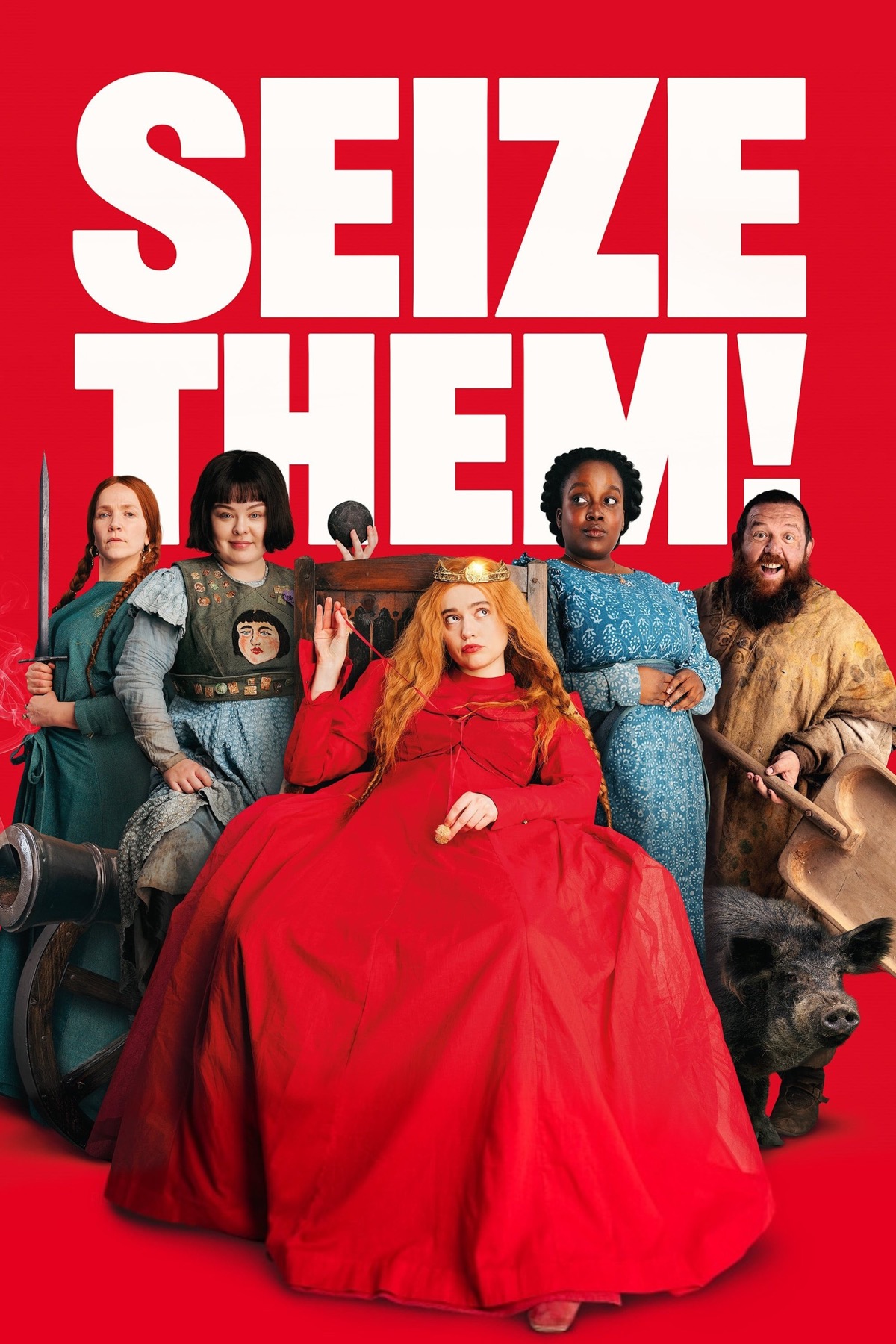 A bunch of comedians with wacky expressions, dressed in medieval clothing.