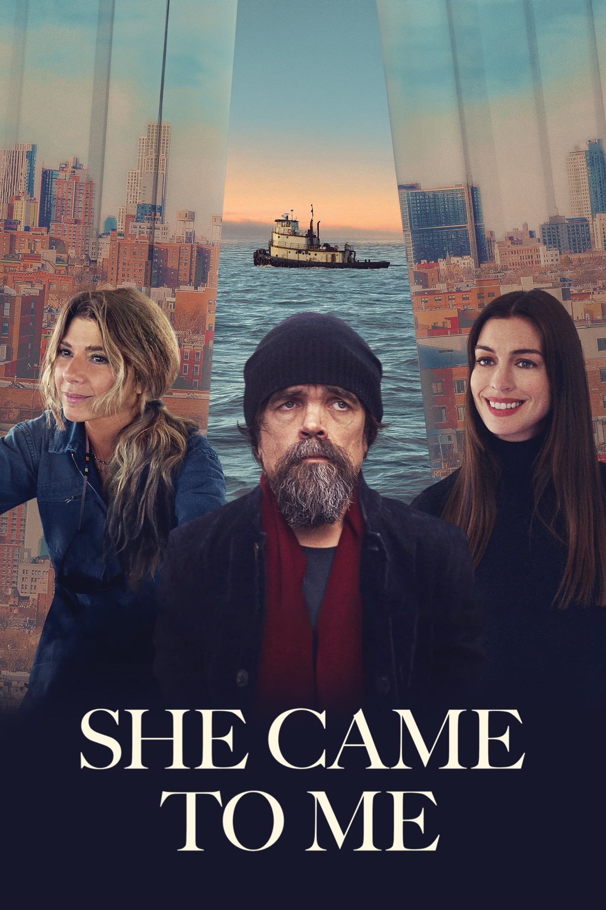 Poster for the film, segmented into thirds, each showing one of the characters. Marissa Tomei and Anne Hathaway look happy, either side of an unhappy Peter Dinklage