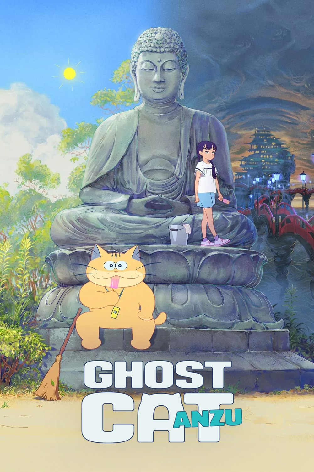 A huge stone statue of Buddha. On it sits a fat, goofy, cartoon cat licking an ice lolly, whilst a sullen young girls walks around, also with an ice lolly.