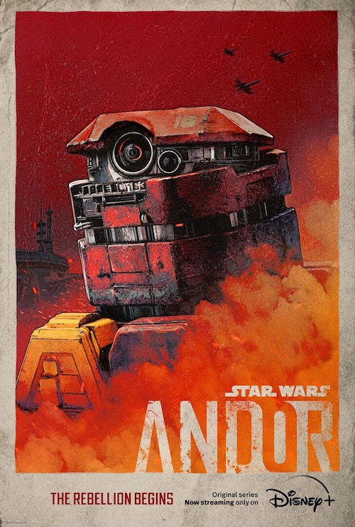 Poster for Andor, showing a small, red robot with tracked wheels