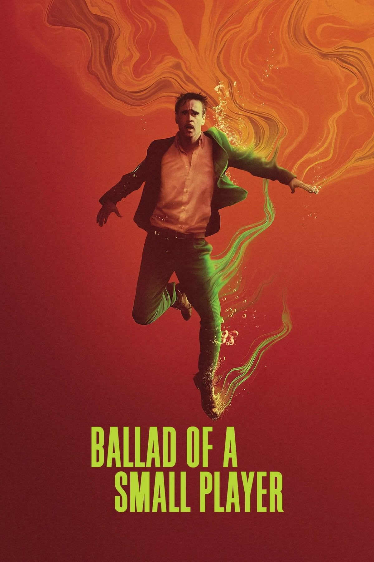 An orange background. Colin Farrell, wearing a suit, looking like he's floating underwater, his suit looks likes it's melting into the water.