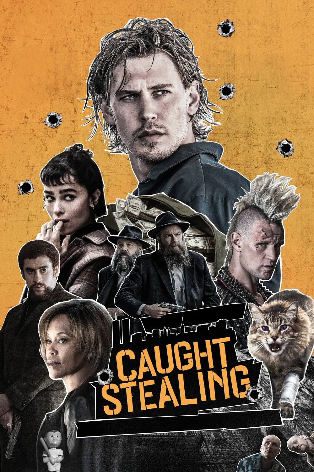 A black and white collage of the cast of the movie 'Caught Stealing' with a yellow background studded with bullet holes.