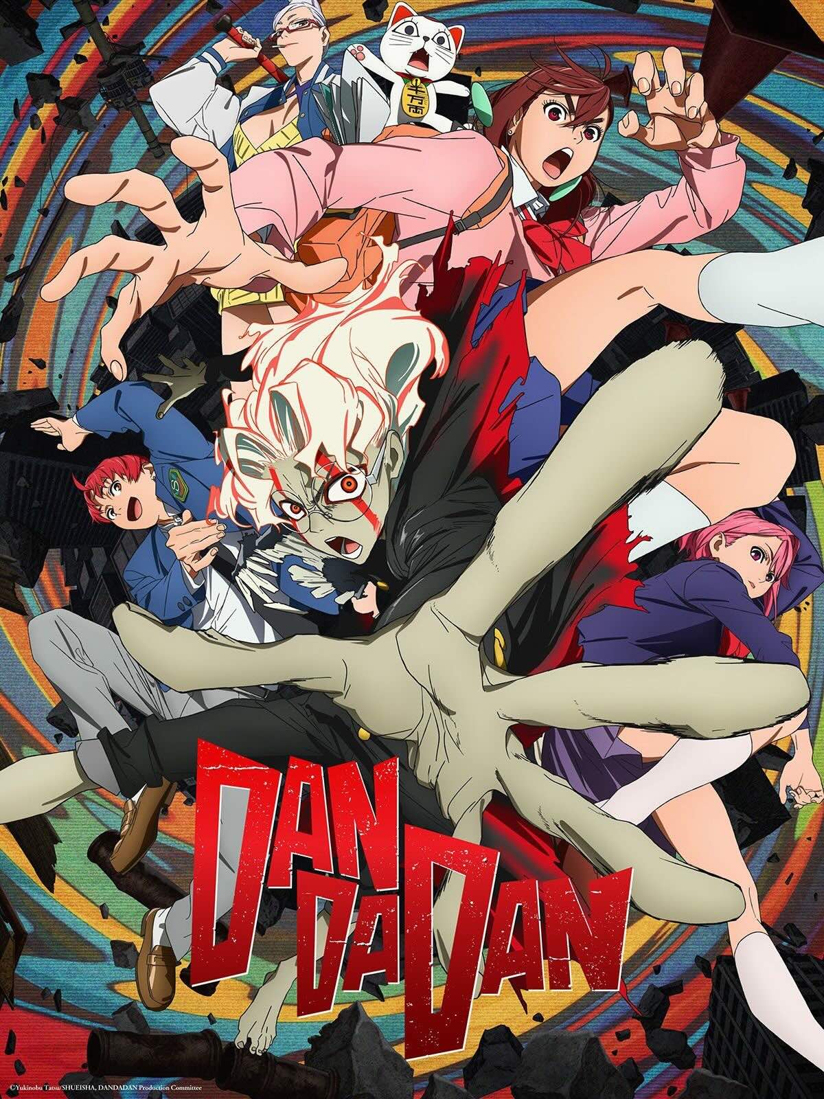 The large cast of the anime show DanDaDan, all jumping towards the camera