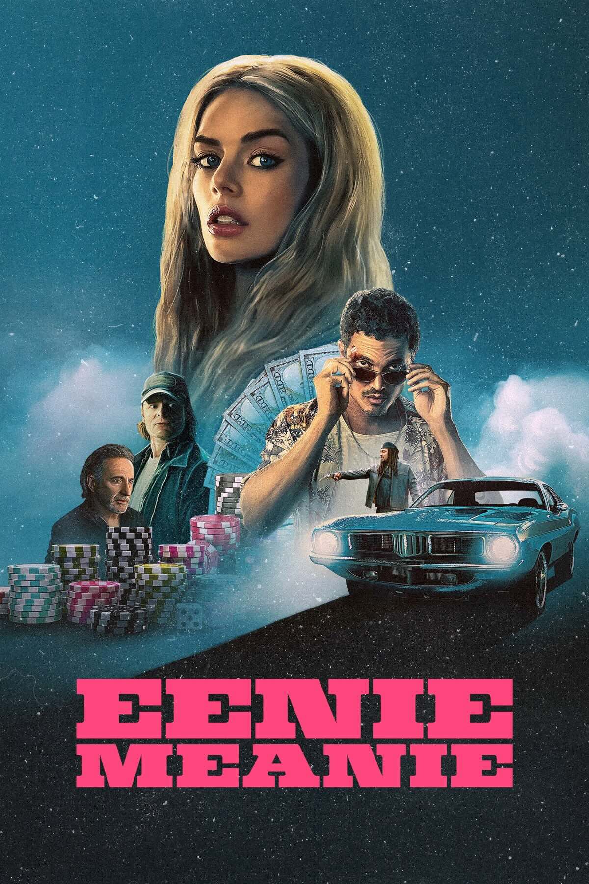 A collage of gangster, poker chips and a classic muscle car, with the blonde head of Samara Weaving looming over everything in the background