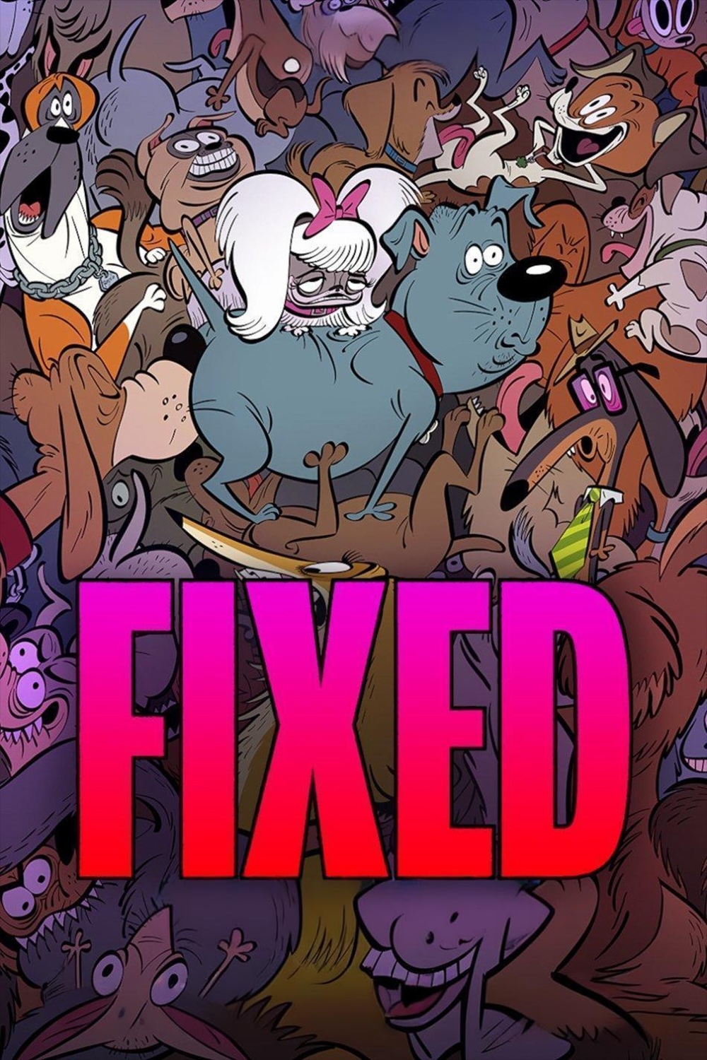 A poster depicting a large number of cartoon dogs, all squashed together, filling the frame