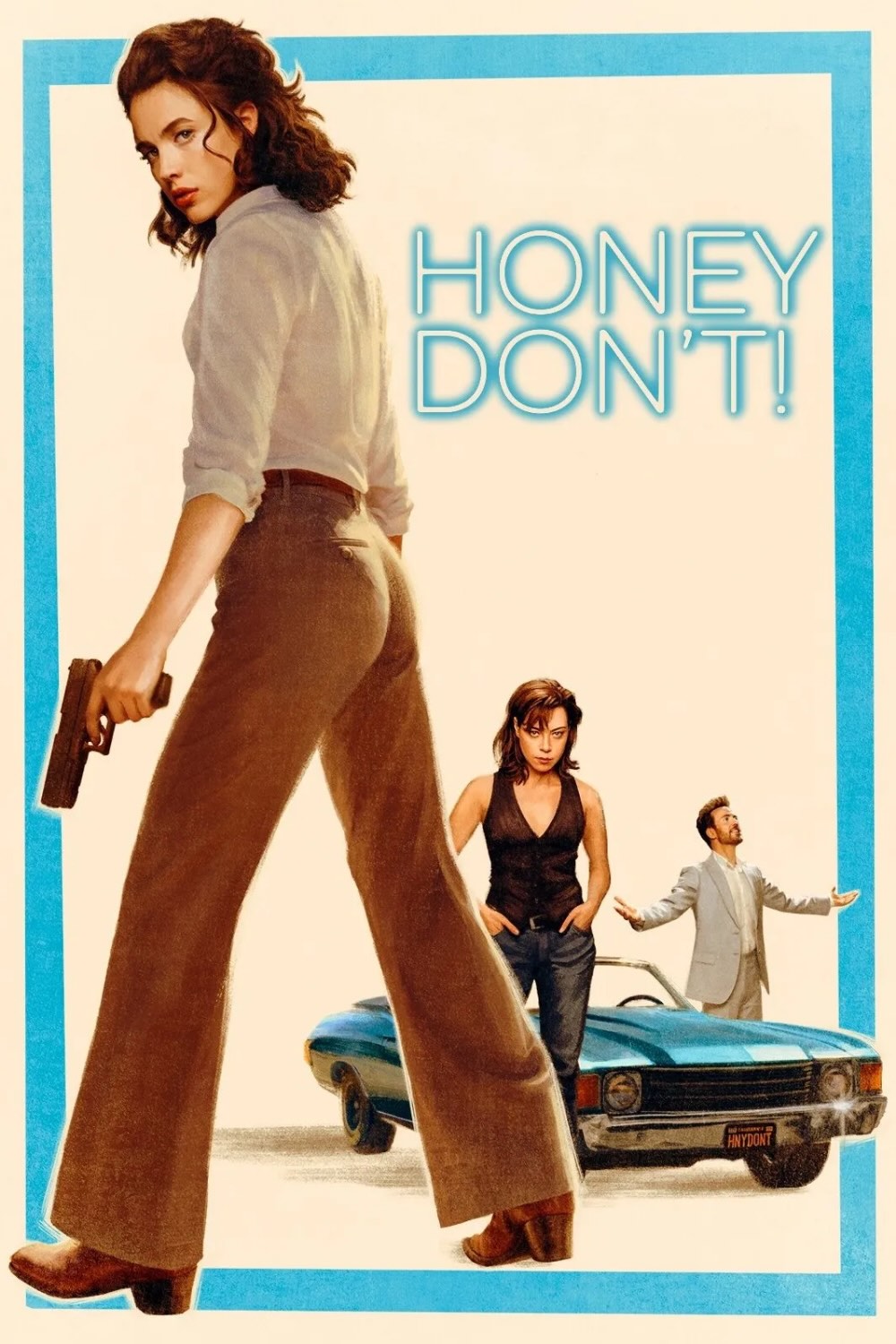 A brunette wearing stylish brown trousers and a white shirt, holding a gun. In the background: another brunette, a smart looking man holding his arms out whilst looking to the heavens and a classic blue convertible.