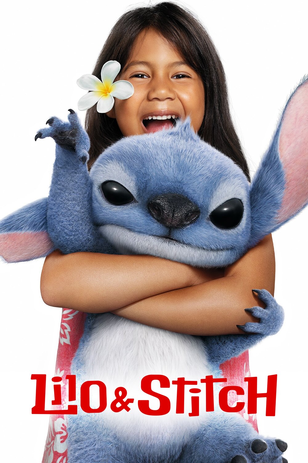 A small girl hugs a small, blue, furry alien to her chest