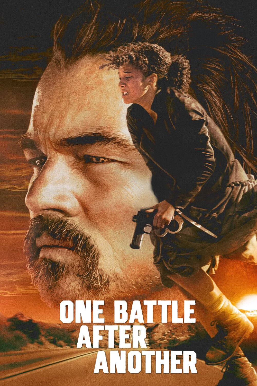 A film poster with a headshot of Leonardo Di Caprio sporting a moustache and stubble. Superimposed over the top is an image of a black teenage girl running whilst holding a handgun.