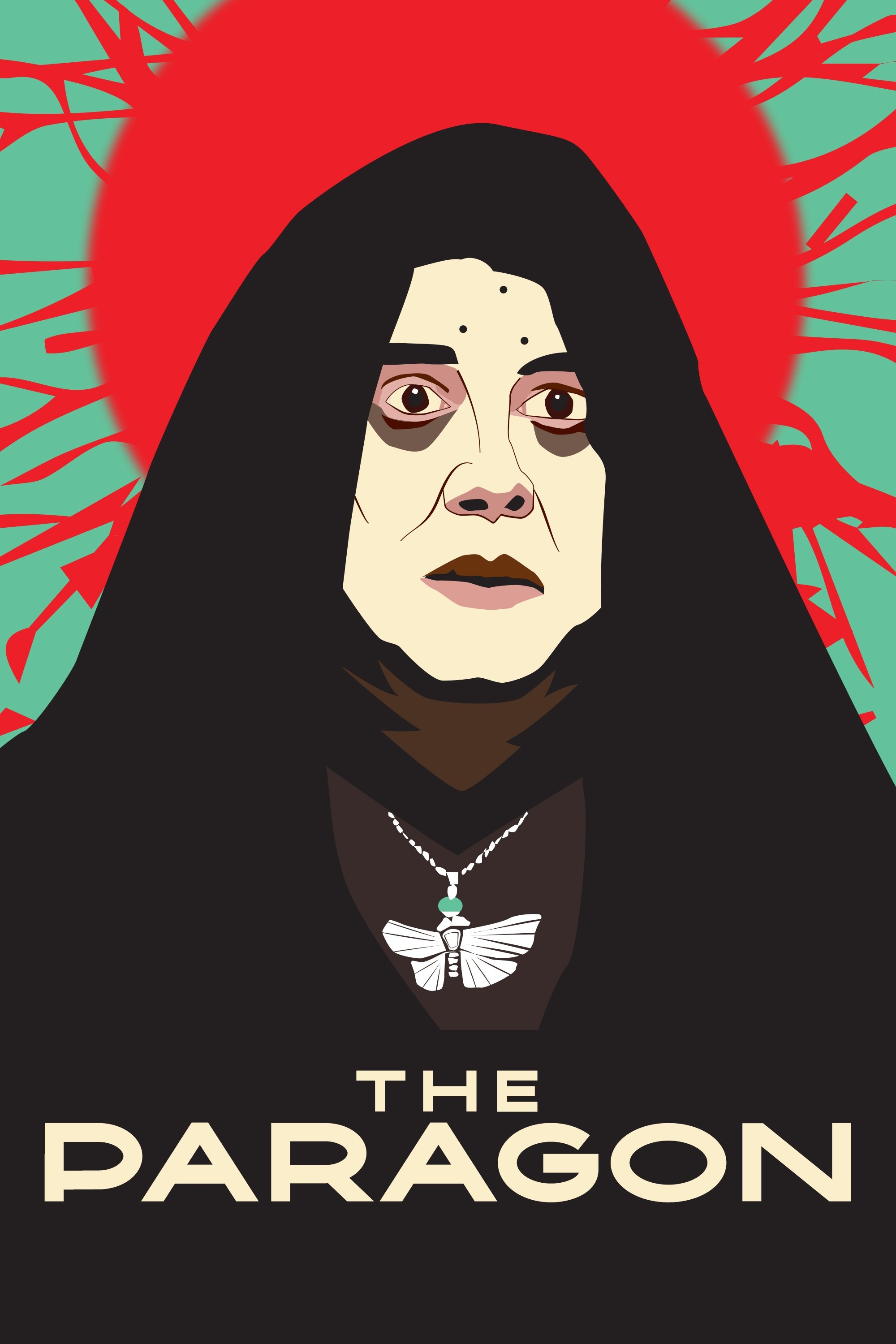 A flat-colour cartoon image of a man's face, wide eyed, wearing a black hooded robe and a butterfly pendant arround his neck.