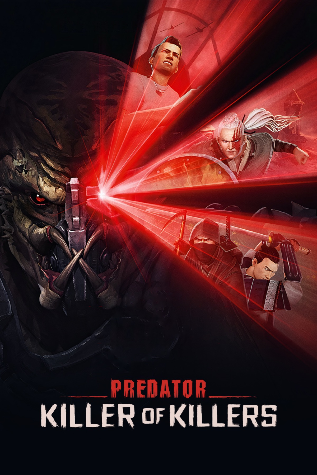 The head of a Predator alien, a red laser beaming from it's eye. In the laser beam we can see a viking, a samurai and a WW2 airman.