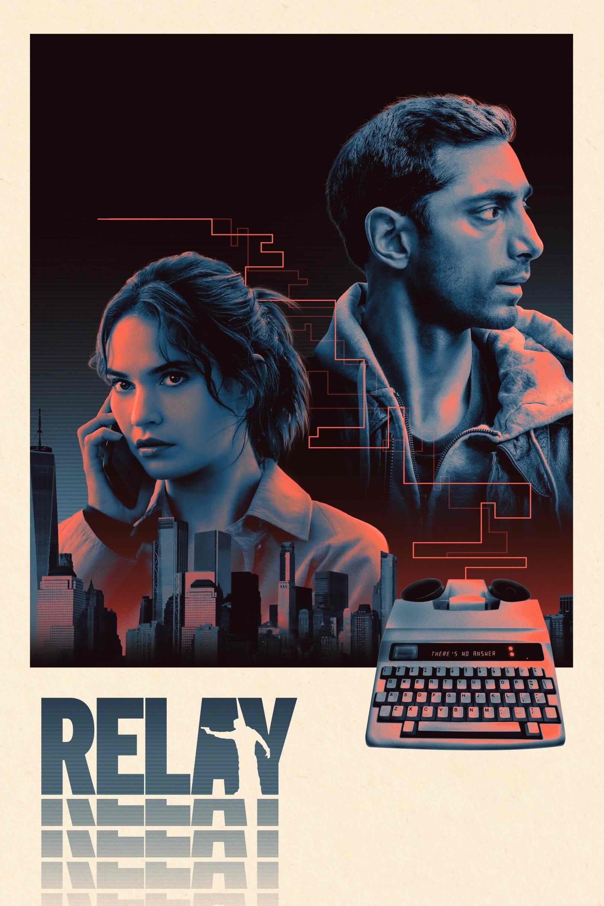 retro style film poster, showing a brunette holding a phone to her ear and an asian man in profile, highlighted in red and blue. Also an old fashioned computer keyboard with an attachment for a phone.