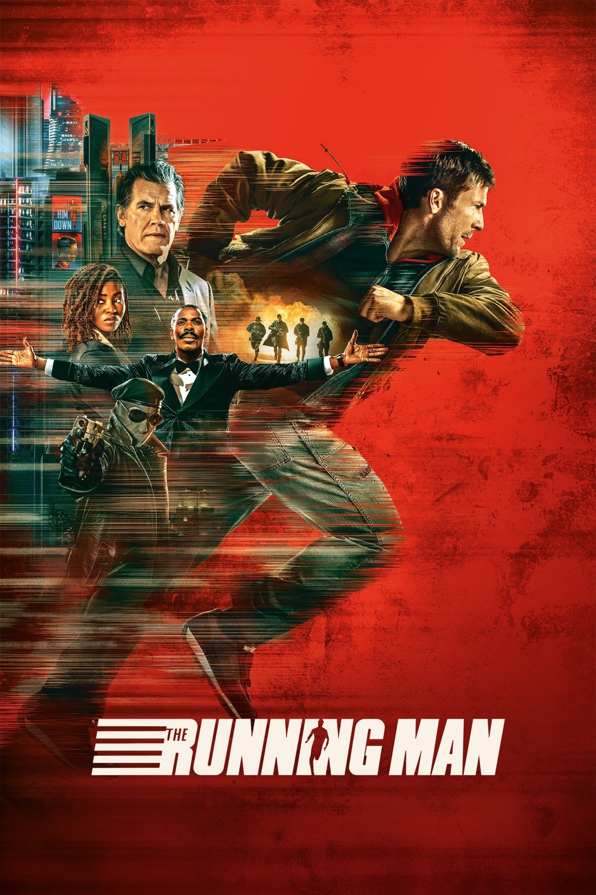 Film poster depicting a white man running from left to right very quickly. Collaged behind him are a cast of unusual characters and a run down cityscape