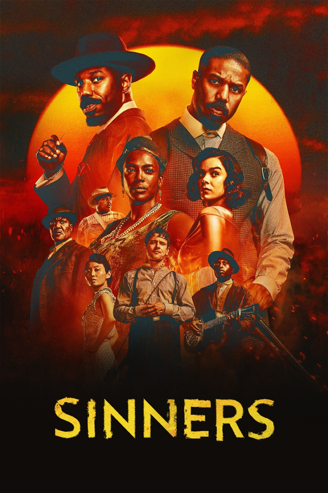 Old fashioned style movie poster for the film 'Sinners', featuring the cast looking out in different directions in front of a reddening sun