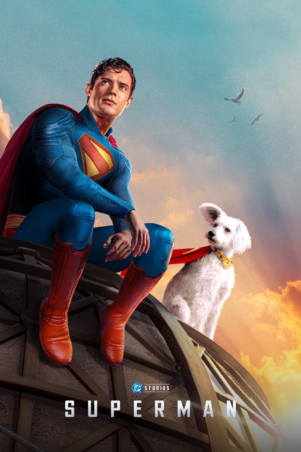 Superman and his white dog, Krypto, sit on top of a building, watching the world.