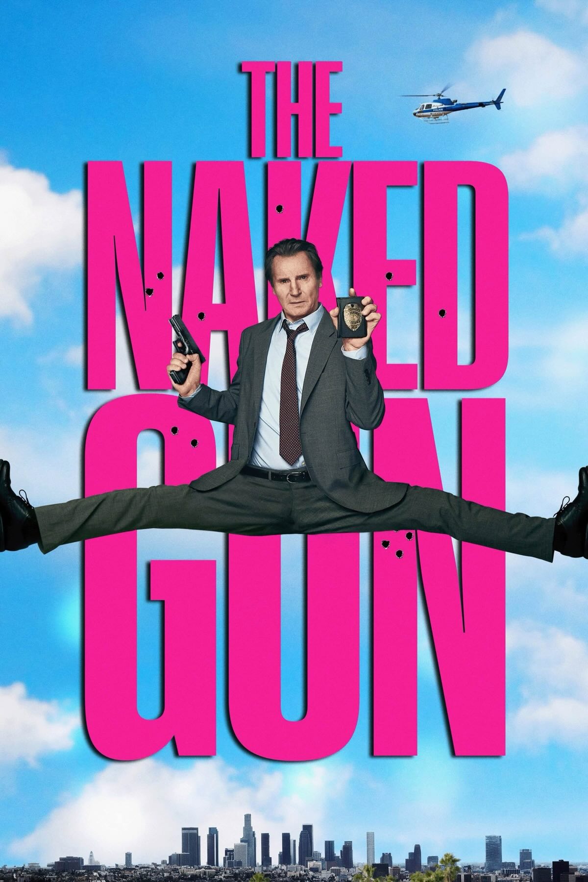 Liam Neeson in a suit holding himself aloft by doing the splits, each foot planted on the edge of the poster