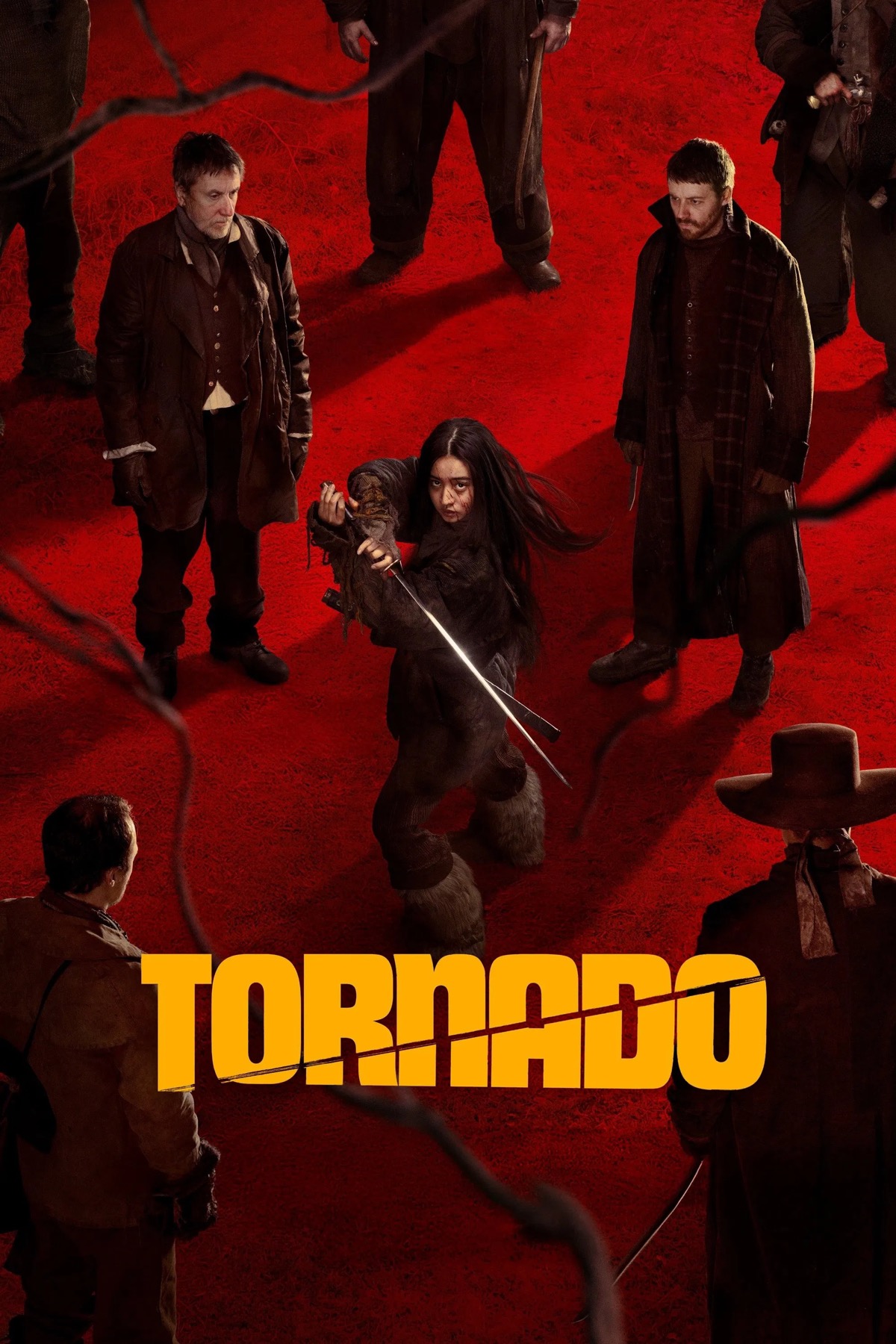 A black haired young woman wields a samurai sword whilst surrounded by menacing men. The background is entirely blood red