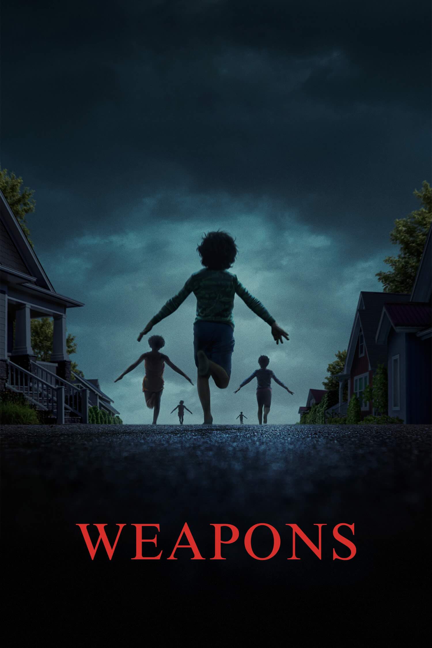 A dark and overcast night scene, with small children running down a street, away from the camera, with their arms rigid and out to their sides.
