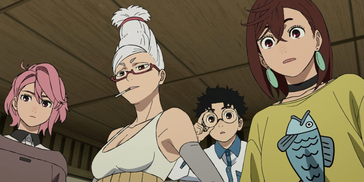 Four anime characters, two teenage girls, a white haired woman in her twenties with a cigarette dangling from her lip and a teenage boy with big, round glasses