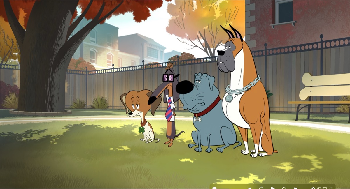 Four cartoon dogs all staring in the same direction with a bored look