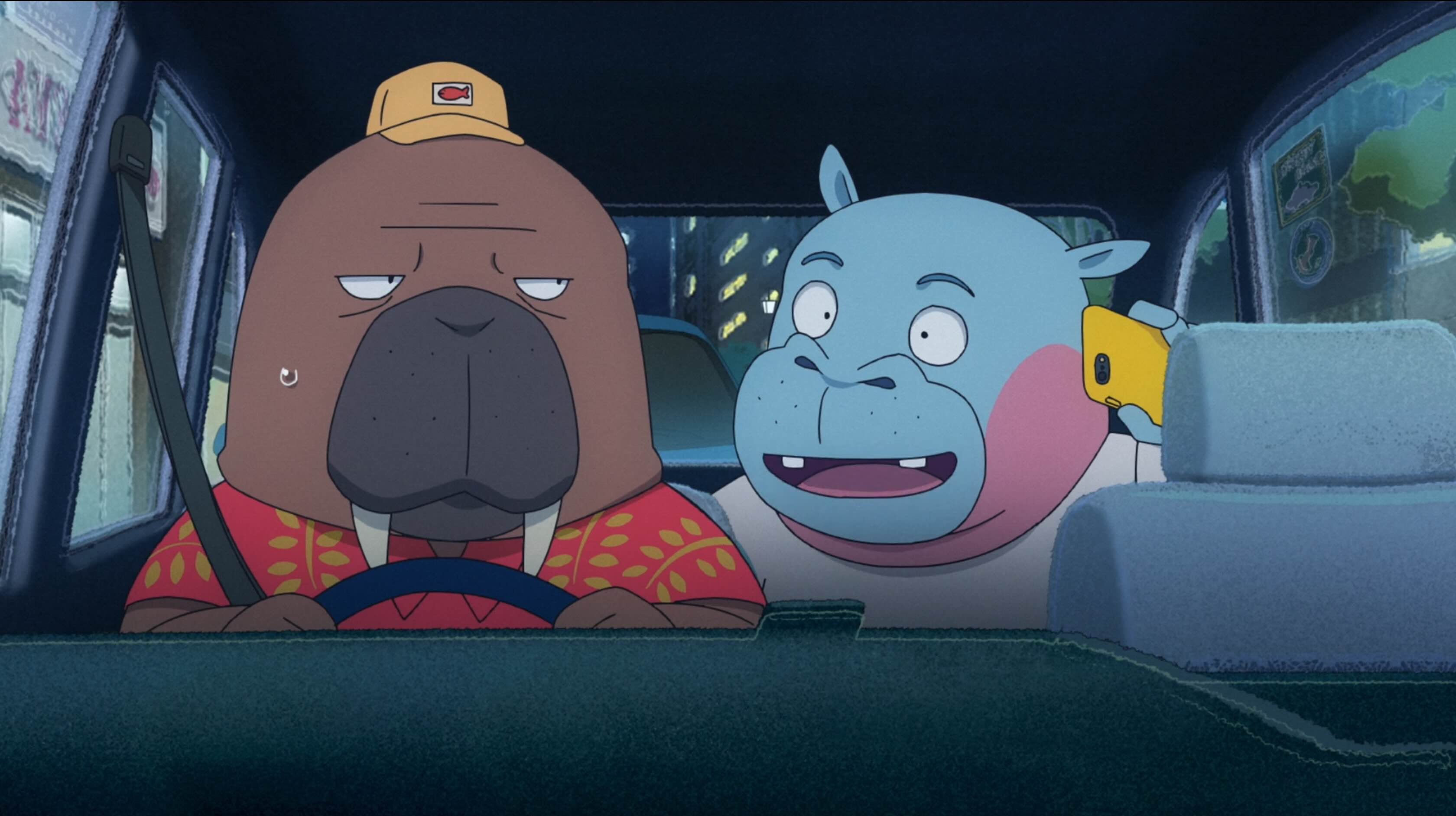 A cartoon interior shot of a taxi. The driver, a nervous looking walrus, with an excitable blue and pink hippo as a passenger.