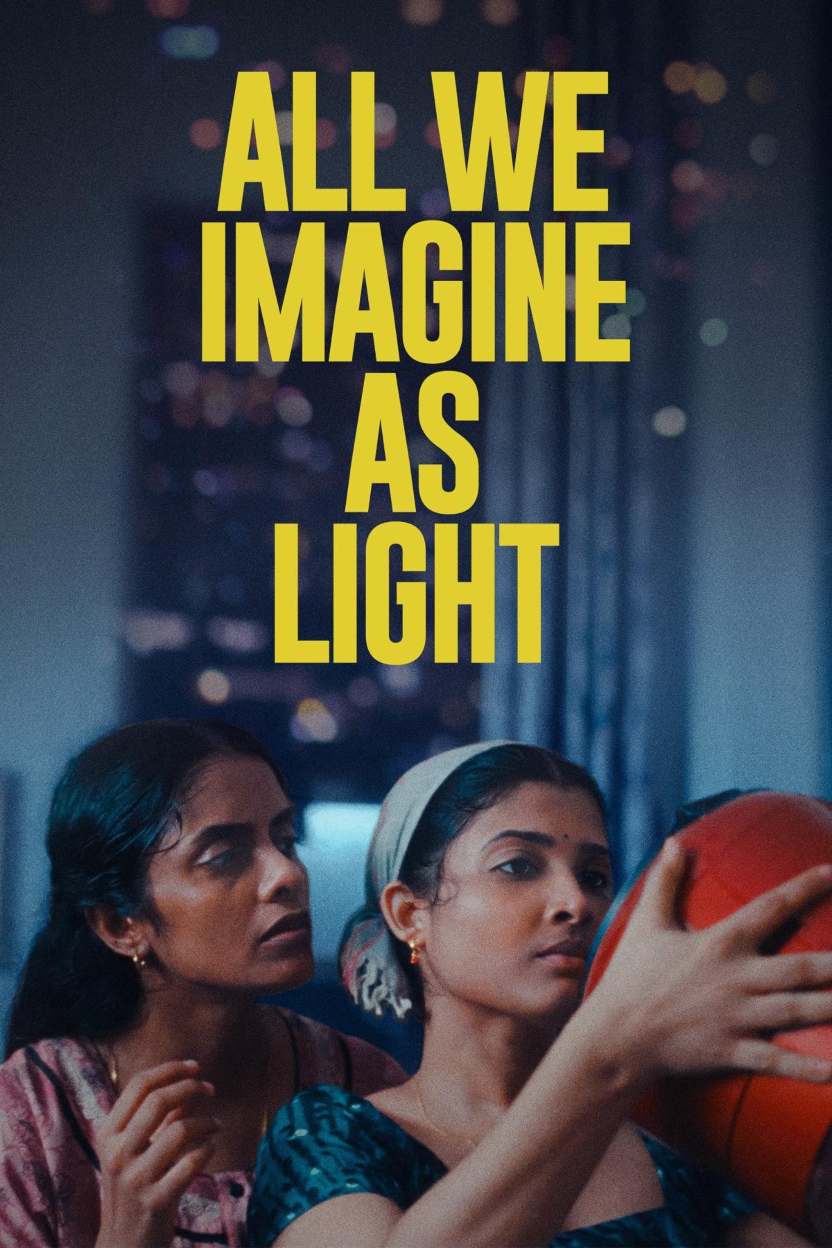 Poster for the film All We Imagine As Light. Two young Indian women holding up a red rice cooking appliance for inspection, one looking over the shoulder of the other.