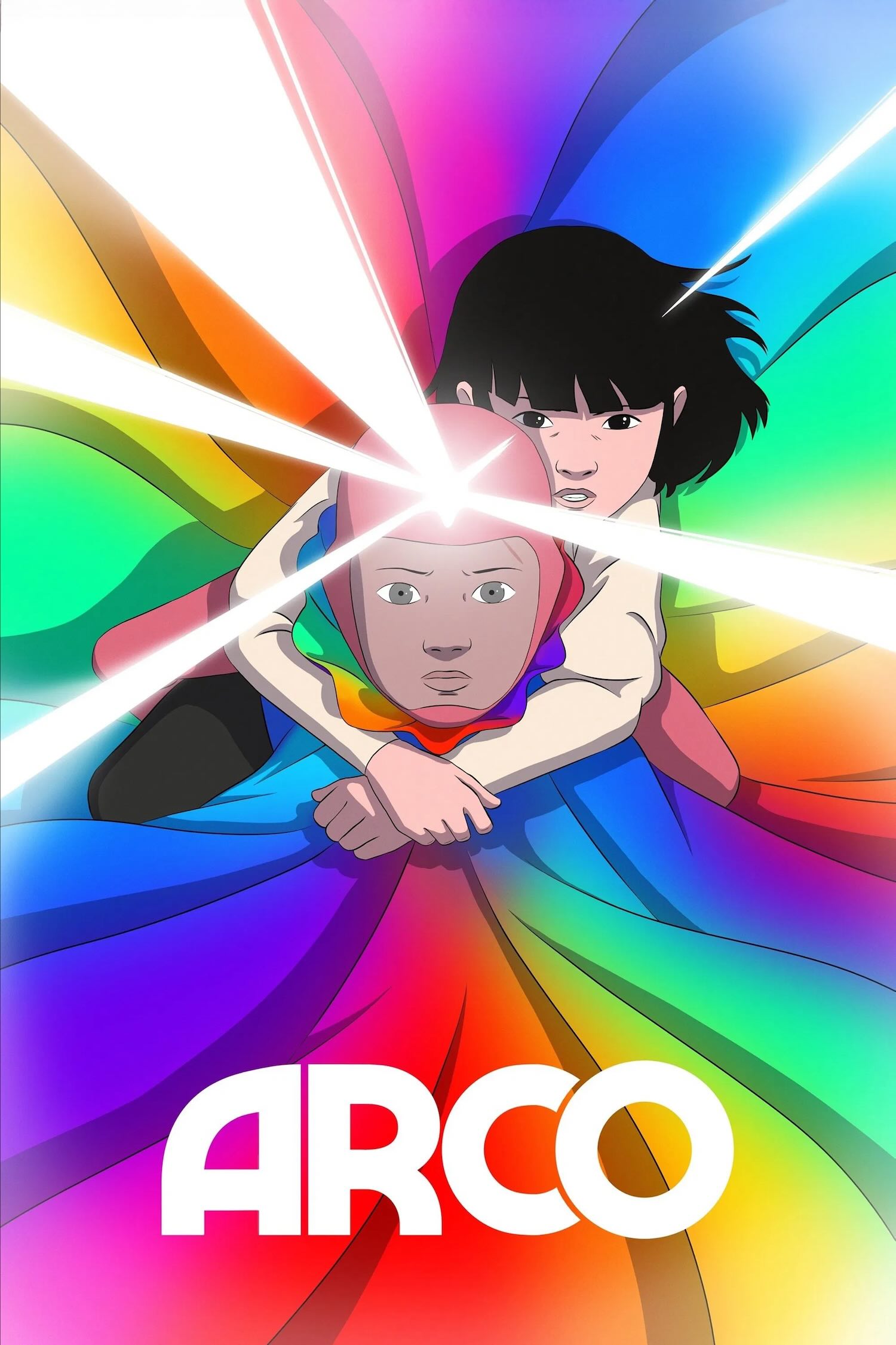 Poster for the film Arco. A cartoon image of a young boy wearing a huge, billowing rainbow cape. A young, black haired girl is on his back, arms clasped around his chest to hold on.
