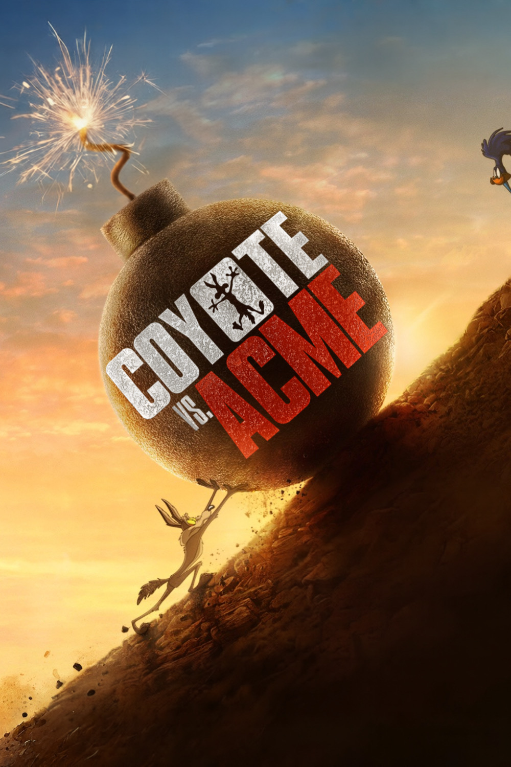 Poster for the film Coyote vs ACME. A silhouette of a cartoon coyote pushing a massive boulder up a hill.