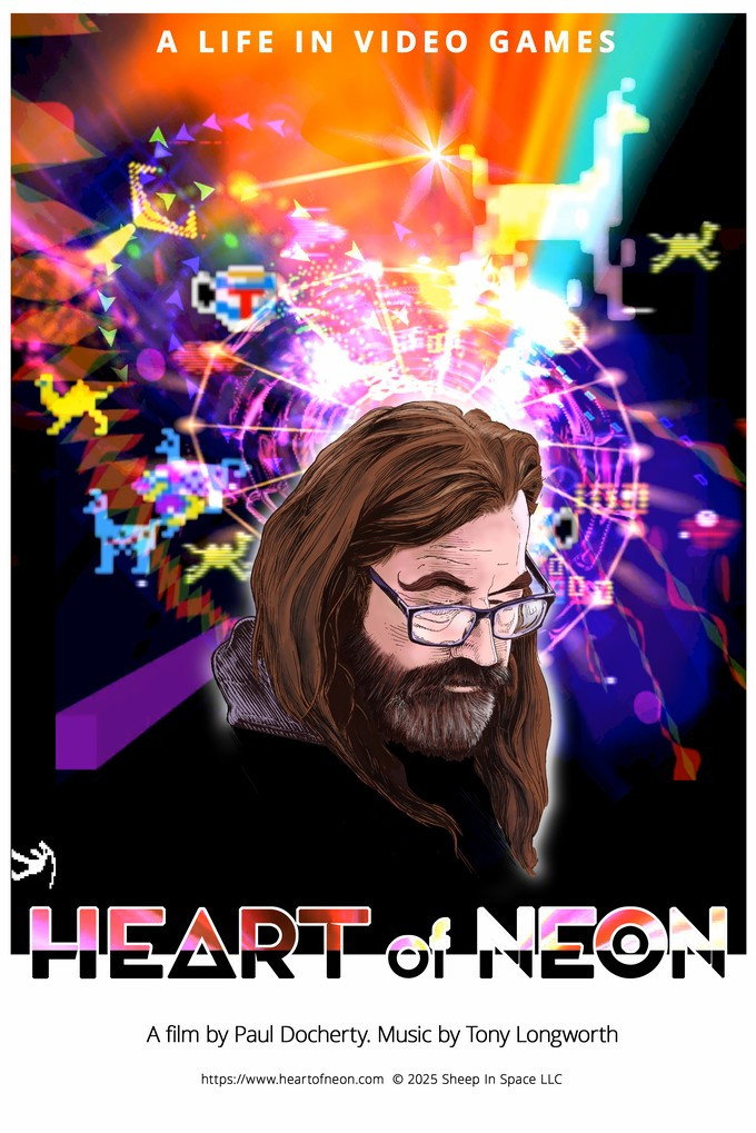Poster for the film Heart of Neon. In the centre of the poster is the painted head of a man with a full beard, long brown hair and glasses, looking down to one side. Behind him is a blossoming of bright, multi-coloured lights and various different old-school computer graphics, notably 8-bit pixel depictions of llamas and camels.