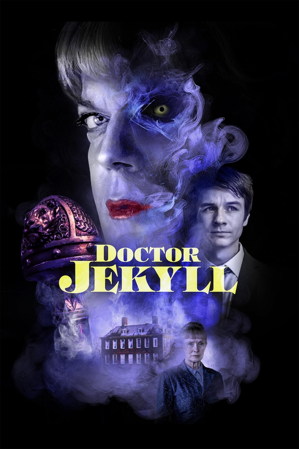 Poster for the film Doctor Jekyll. A spooky composite image, smoke surrounds a night large country house, a young man, an older woman in a slim business suit. At the top of it all is headshot of Eddie Izzard with one evil looking eye.