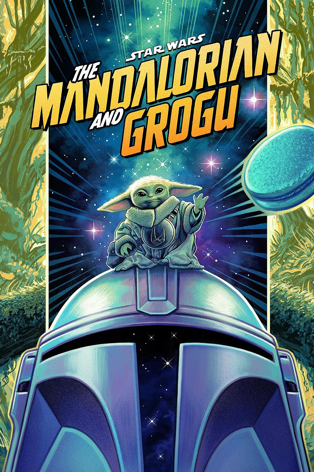 Poster for the film The Mandalorian and Grogu. A painted head shot of the Mandalorian's metal helmet, we can see stars in the visor. The small, green baby alien is throwing a small blue biscuit out of the picture.The background is split between a starry sky and green jungle.