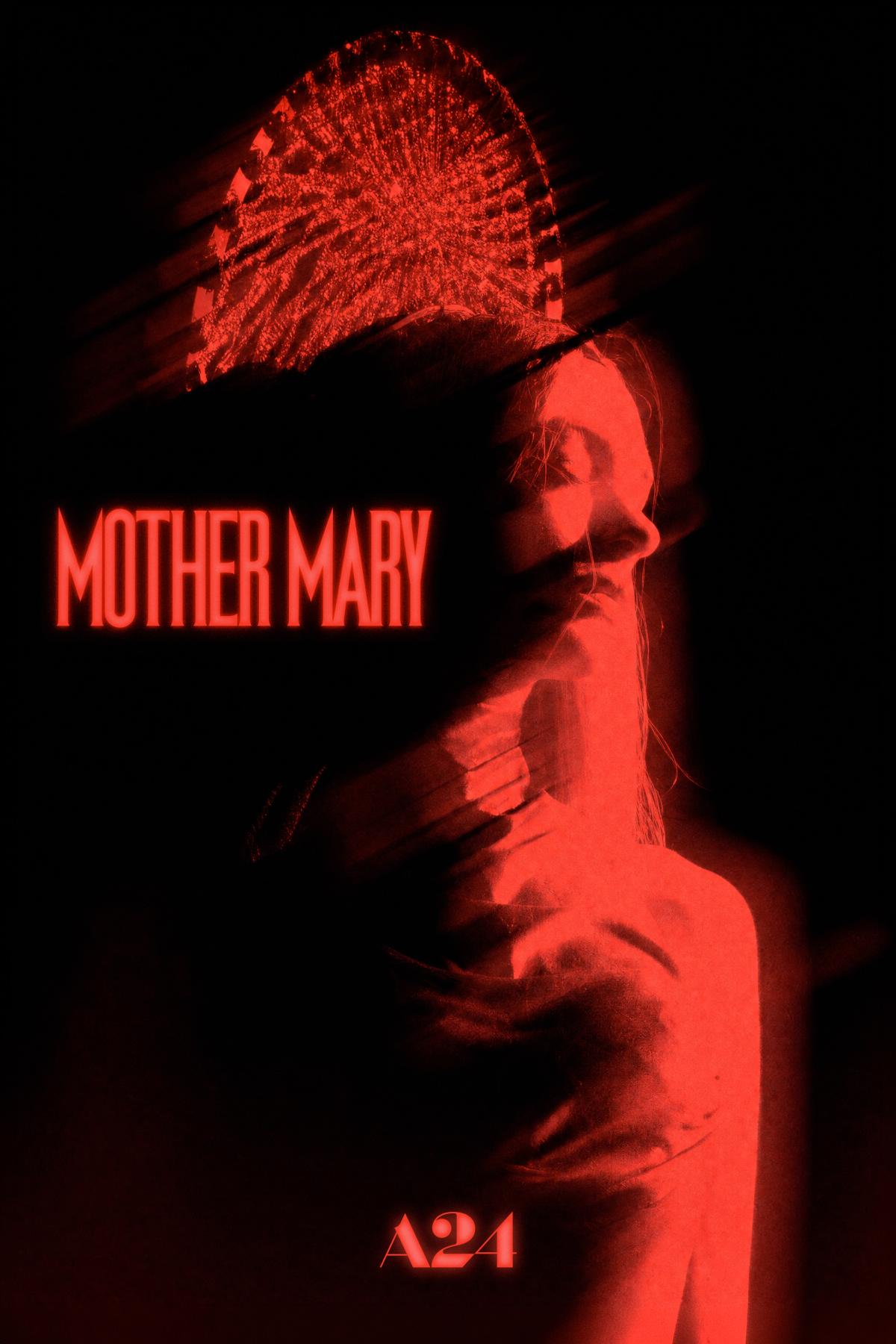 Poster for the film Mother Mary. A black and red image of a woman wearing a halo headpiece. She's looking peacefully to one side.