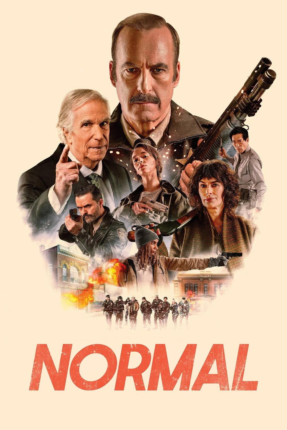Poster for the film Normal. A collage of American police and assorted others, all aggressively pointing guns.