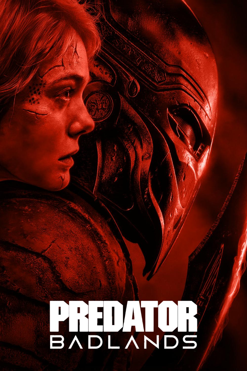 Poster for the sci-fi film Predator:Badlands. A profile shot of the heads of a metal-masked warrior and a blonde, short haired young woman. Everything is red-lit.