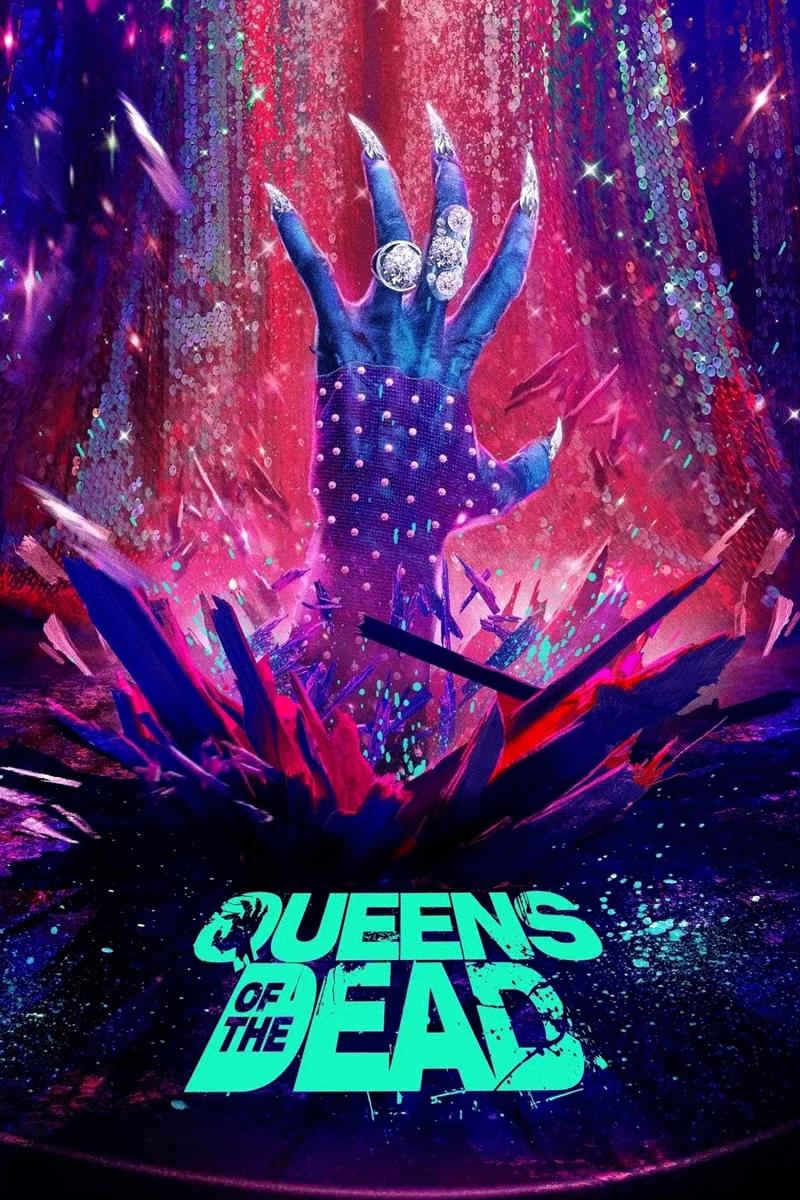 Poster for the film. A bejeweled hand bursts out of the ground, wearing bling rings and jewel encrusted nails. The background is colourful sequins disco lights.