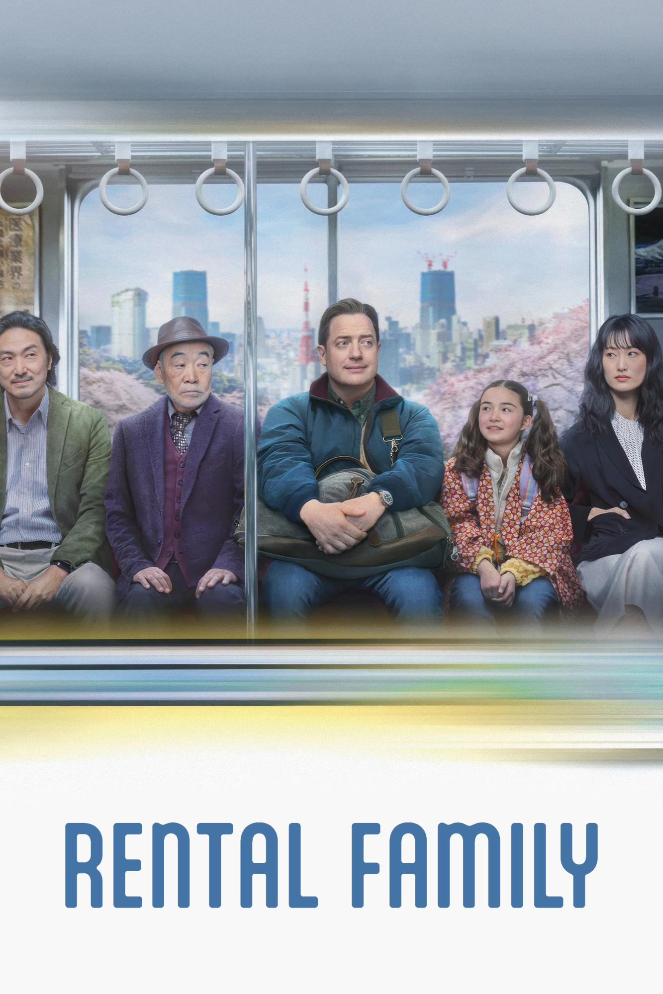 Poster for the film Rental Family. 5 people sat in a line on a Japanese train. Behind them, through the window, are sakura trees and a Tokyo skyscrapers. They are a handsome man, a very old man, a chubby, white American man in the middle, a young girl with pigtails and an extremely handsome young woman. All, apart from the American, are Japanese.