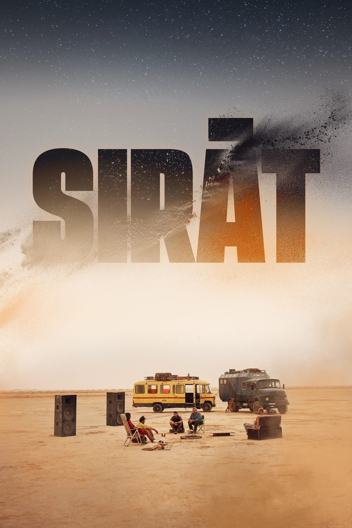 Poster for the movie Sirat. Two buses, one yellow, the other more of a off-road truck in gun metal grey, parked in the desert. In front of them are a group of weary travelers sitting in camp chairs. Next to them are speakers the size of an average person.