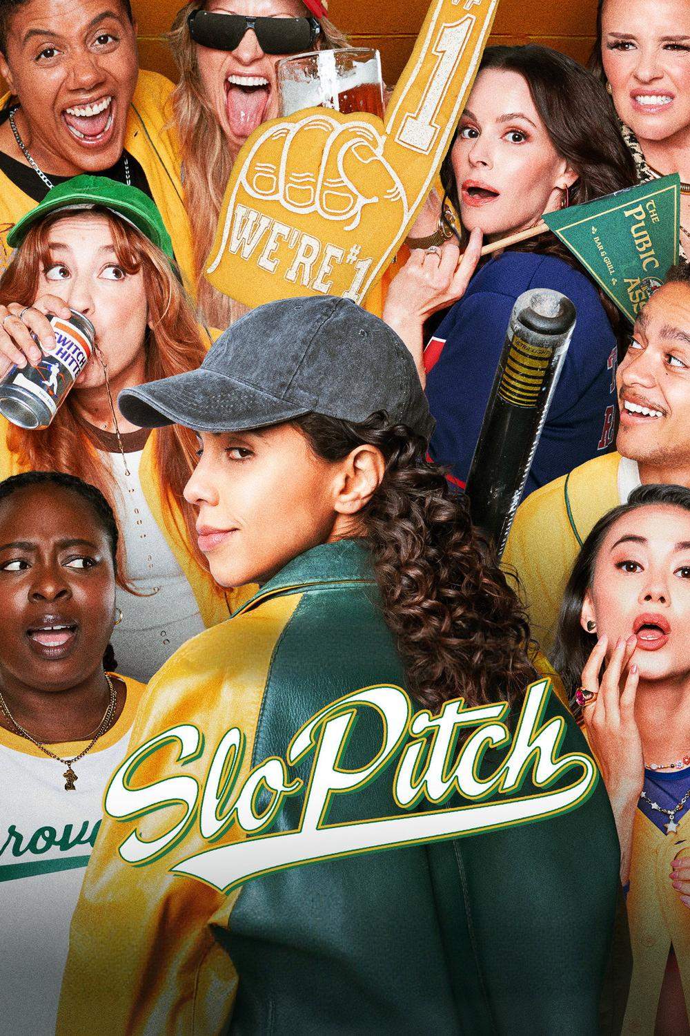 Poster for the tv show Slo Pitch. In the foreground is a young woman with big curly black hair with her back to the camera. She's wearing a yellow and green baseball jacket and a grey baseball cap and is smiling. Just above her is a large, yellow foam hand with the message 