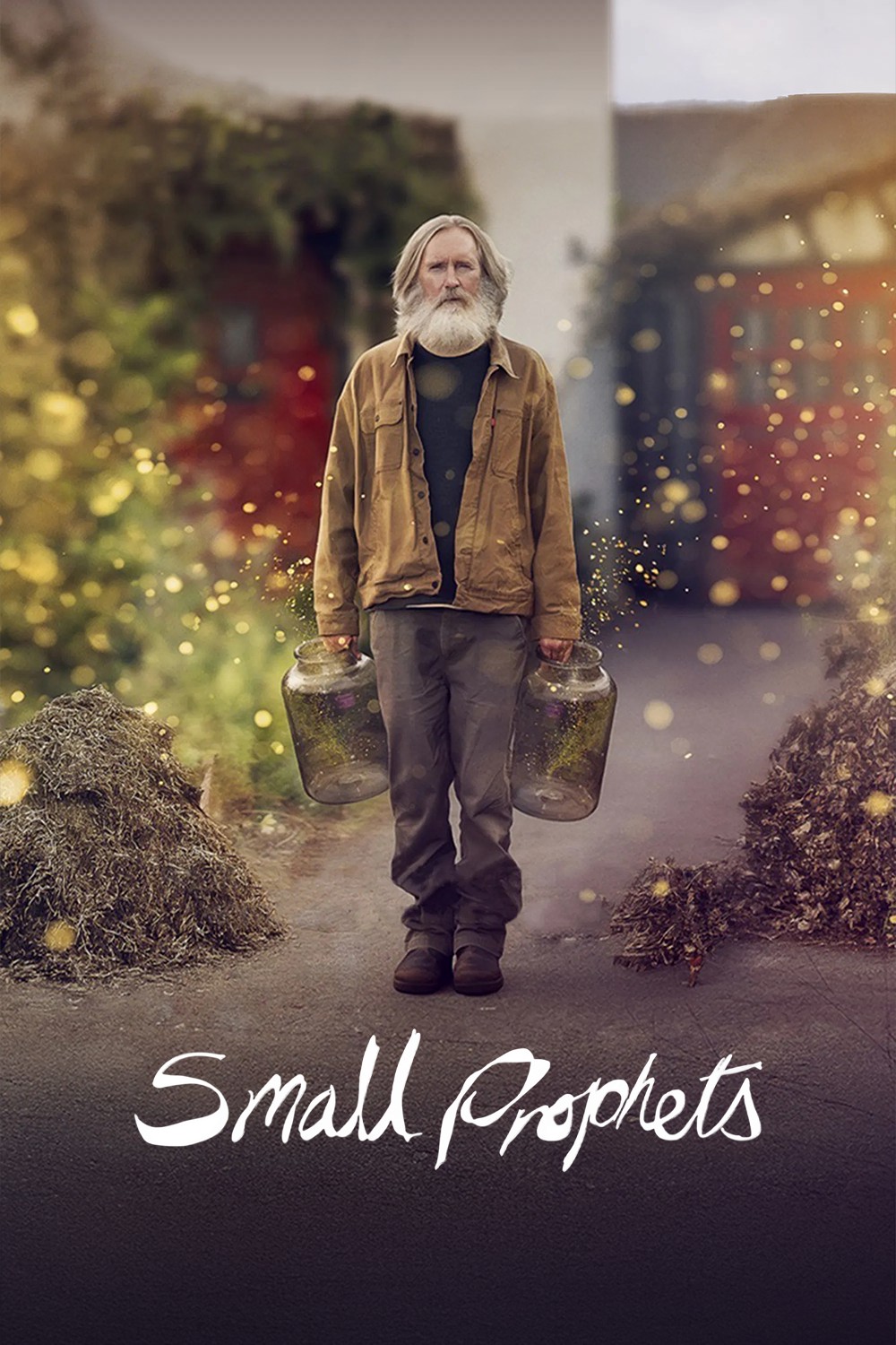 Poster for the tv show Small Prophets. A tall white man with a long white beard stands in an overgrown English garden, holding two very large jars. Golden motes of light are pouring out of the tops of the jars into the air.