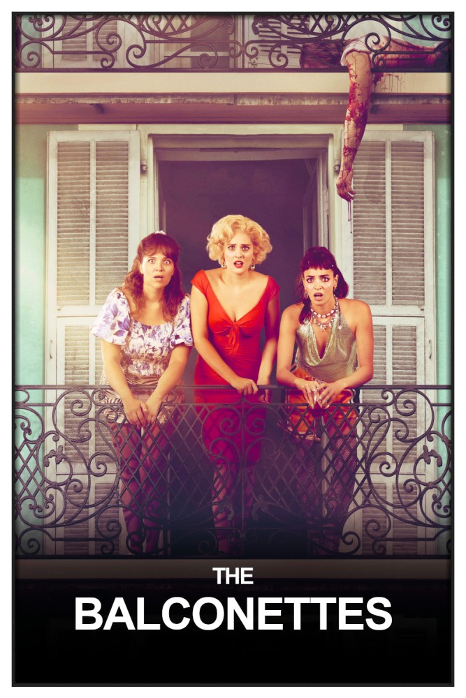 Three women stand on the balcony of an old Marseille apartment building. The brunette on the left is wearing a white floral dress, the one in the centre looks like Marilyn Monroe wearing a red dress and the brunette on the right with a fringe is wearing a silver, sparkly top. All of them are looking directly out with a look of horror. Visible on the balcony above them is the dead body of man, arm hanging down, dripping blood.