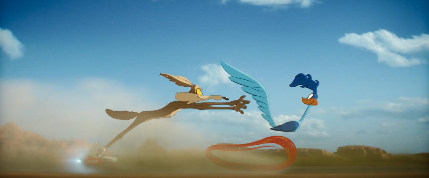 A cartoon coyote, wearing rocket boots is just about to nearly catch a cartoon roadrunner.
