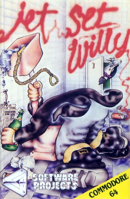 The original box art for the eighties computer game Jet Set Willy. A cartoon depiction of a man with his head shoved down a toilet. He's wearing black jacket and black bovver boots. He's holding the cistern pipe with one hand and a bottle of bear in the other. The name of the game has been scrawled in red spray paint on the white tiled walls.