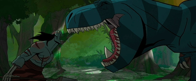 A gif of a cartoon, zombified caveman and a T-Rex having an argument by roaring at each other.
