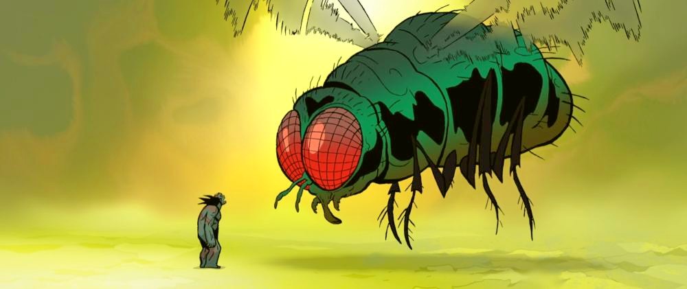 A naked zombie caveman stares in bemusement at a fly the size of a house.