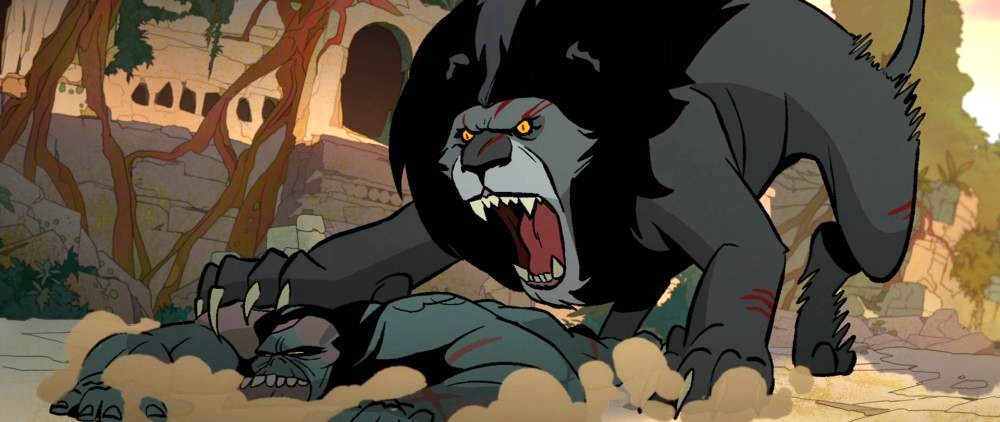 A black maned lion pounces on a zombie caveman, grinding his head into the floor with a single paw